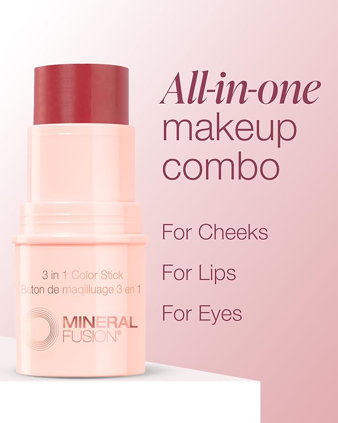 Mineral Fusion 3-in-1 Color Stick - Hydrating Tinted Cream Blush for Cheeks, Lip and Eye - Natural Multi Use Makeup (Berry Glow)