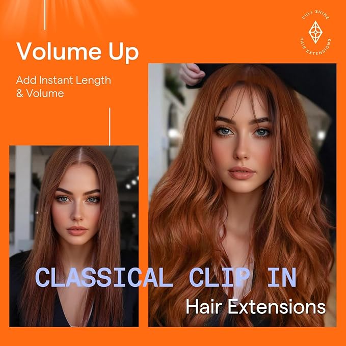 Full Shine Copper Clip in Hair Extensions Invisible Clip in Extensions for Women Light Copper Hair Extensions Triple Weft 20 Inch 7 Pcs 120 G
