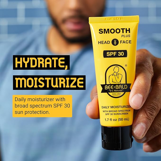 Bee Bald SMOOTH PLUS Head & Face Moisturizer with SPF 30 Sunscreen Lotion Protecting Skin From Harmful UVA/UVB Rays While Hydrating, Moisturizing and Toning, 1.7 Fl Oz