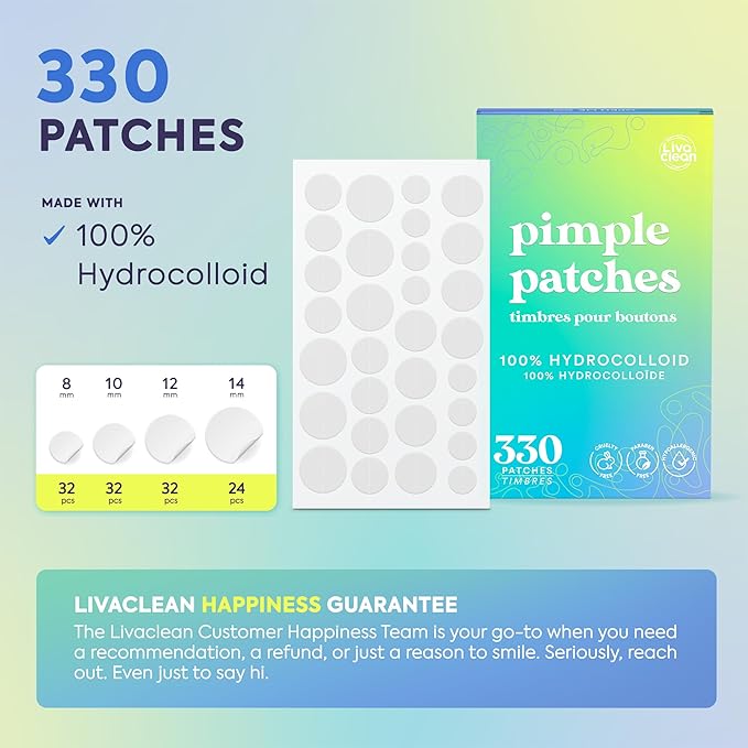 LivaClean 330 CT Pimple Patches for Face - 100% Hydrocolloid Acne Patches - Four Sizes - Acne Dots Zit Stickers - Hydrocolloid Patch Pimple Patch Invisible - Blemish Patches
