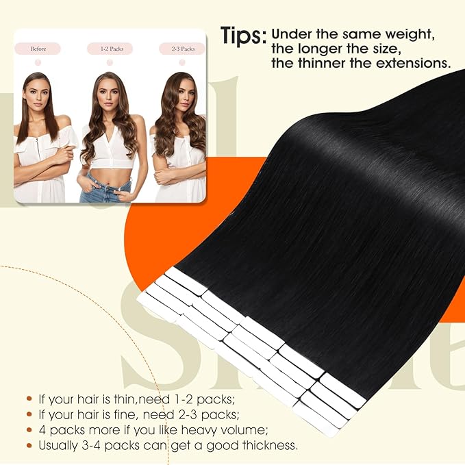 Full Shine Tape in Extensions Color 1 Jet Black Injection Human Hair Extensions Straight Machine Remy Insert Tape in Hair for Women 24Inch Seamless Skin Weft 50Gram 20Pcs Natural Invisible