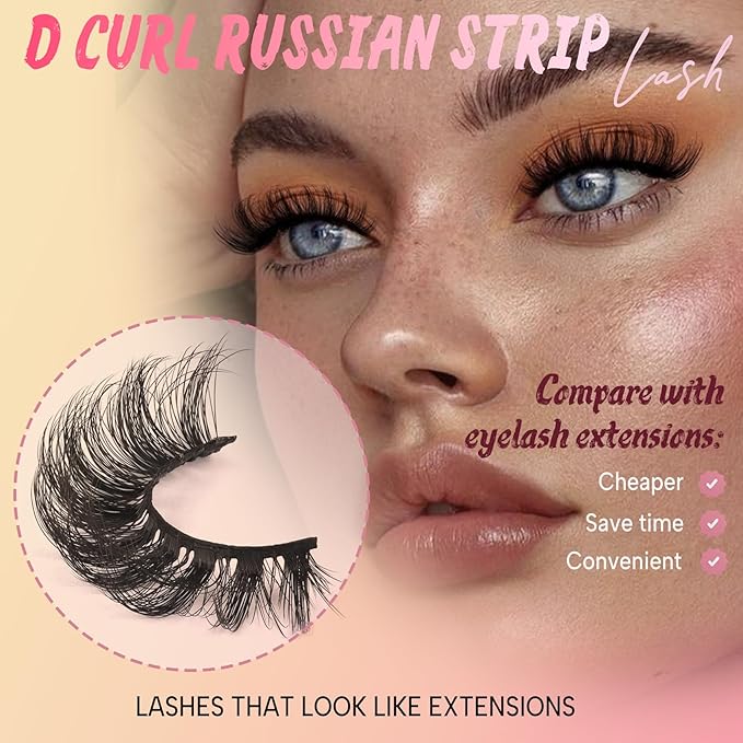 Ahrikiss Lashes Russian Strip Lashes That Look Like Extensions D Curl Fluffy False Eyelashes 10 Pairs 3D Volume Fake Lashes Wispy Faux Mink Lashes Natural Look (D17)