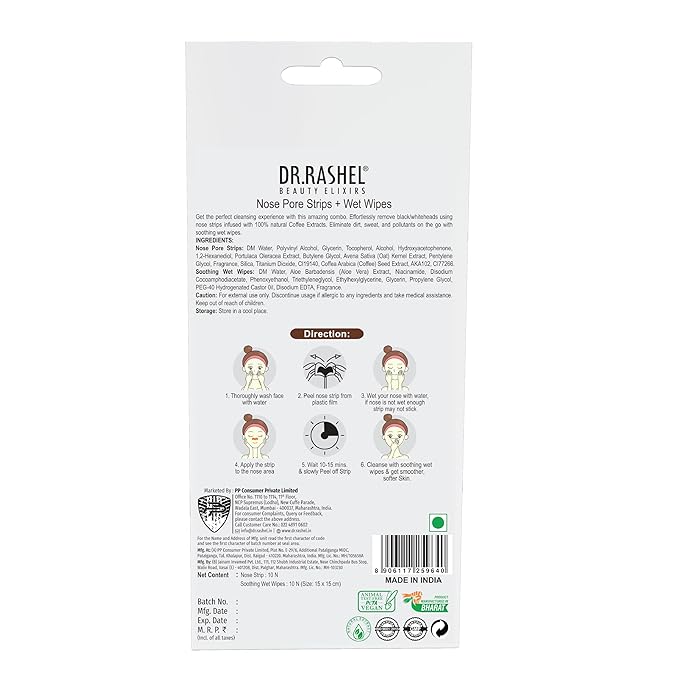DR.RASHEL Coffee Nose Pore Strips For Pore Cleansing, Instant And Painless Blackheads Removal | Deep Purifying Blackhead Remover Strips for Nose | 20 PCS (10 Strips & 10 Wipes)