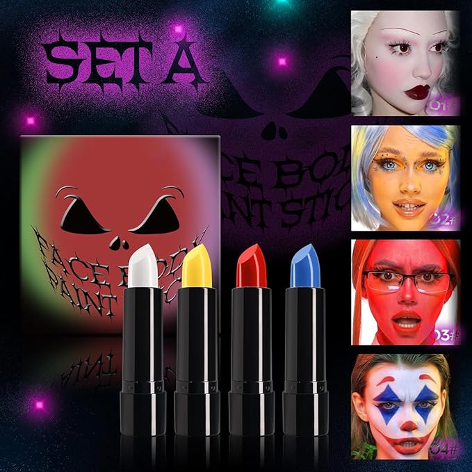 4 Colors Halloween Face Body Paint Matte Lipstick High Impact Lipcolor with Moisturizing Creamy Formula Long Lasting Waterproof Velvet Lip Stick for Sports Halloween Party Clown (Set A)
