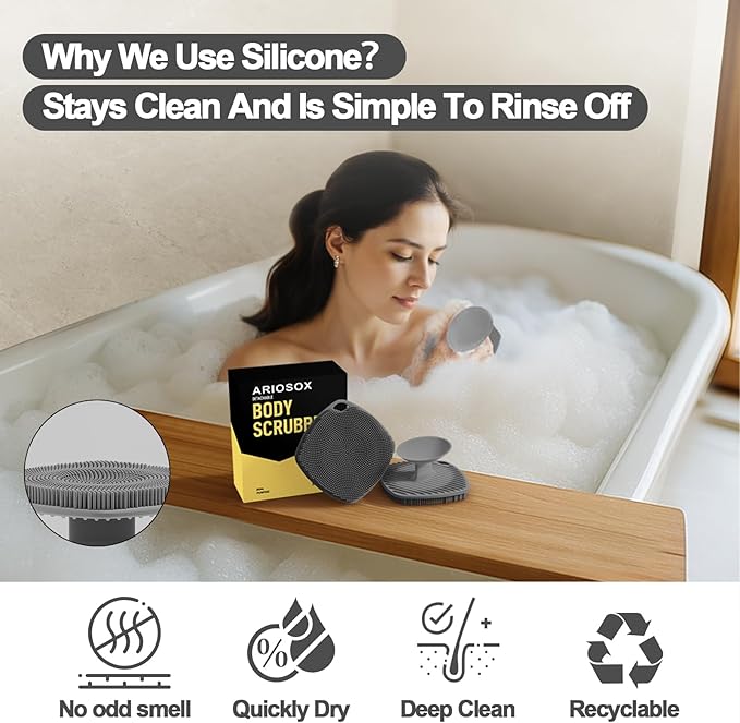 Silicone Body Scrubber, Gentle Texture Exfoliating Body Scrubber for Men and Women On Sensitive Skin, Soft Scrubber Produces Rich Form and Builds Up Lather, Getting a Deep Skin Clean (Gray)