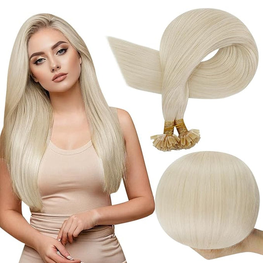Full Shine K Tip Hair Extensions Real Human Hair Color 1000 Ice Blonde Prebonded Ktip Human Hair Extensins 14 Inch Keratin Tip Extensions 50 Grams Straight Natural Remy Hair