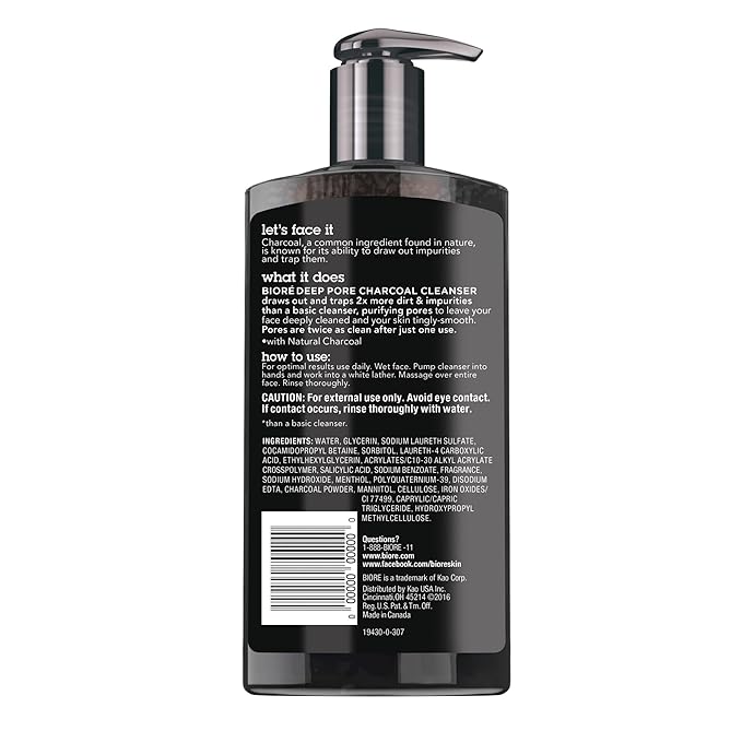Biore Deep Pore Charcoal Face Wash, Daily Facial Cleanser for Dirt & Makeup Removal, for Oily Skin, 6.77 Oz, Pack of 3