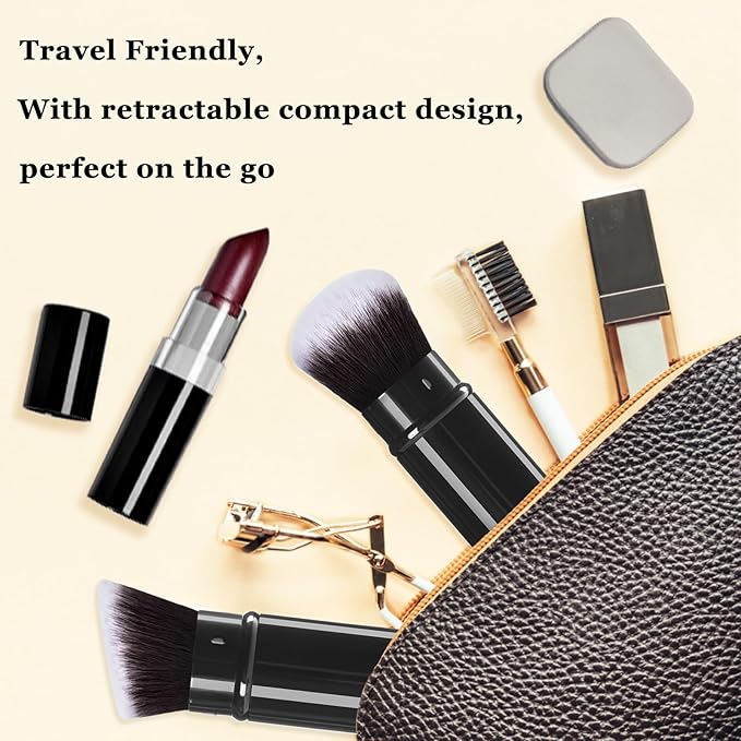 Retractable Kabuki Makeup Brush, 2 Pack Travel Angled Powder Foundation Blush Brush Set for Blending Liquid, Bronzer, Buffing, Concealer, Blush, Highlighter, Flawless Cosmetics