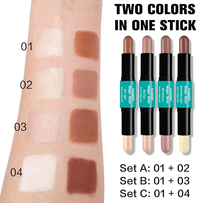 Contour Stick, 2Pcs Dual-Ended Highlighter Makeup Pen & Contouring Stick for Face Shaping, Long Lasting Waterproof Cream Bronzer & Highlight Sticks Make Up Kit for All Skin Tones (01# + 04#)