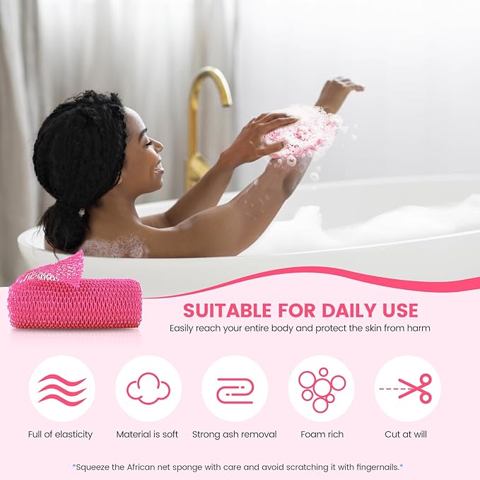African Net Sponge, Authentic Exfoliating Body Scrubber for Bath and Shower, Multiple Textures with Gentle Deep Exfoliating and Rich Lather for All Skins (Pink)