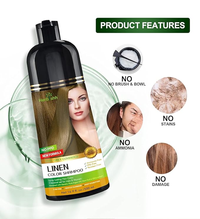 Herbishh Lenin Hair Color Shampoo - 3-In-1 Magic Dye for Gray Hair 500 Ml + Essential Flower Hair Oil - Organic Formula for Dry, Damaged Hair 60 ML