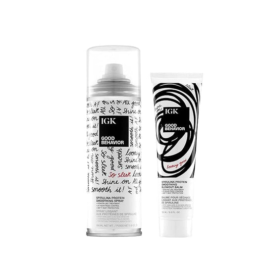 IGK GOOD BEHAVIOR Spirulina Protein Smoothing Spray + Anti-Frizz Smoothing Blowout Balm | Keratin Like Treatment + Frizz Control + Heat Protectant | Vegan + Cruelty Free