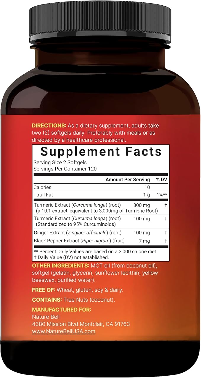 Turmeric Curcumin Supplement 3,000mg Equivalent with 95% Curcuminoids, Ginger, & Black Pepper | 240 Softgels with MCT Oil for Better Absorption (120 Day Supply)
