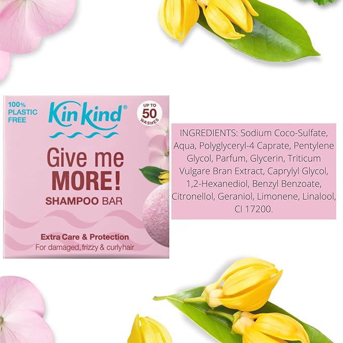 KinKind Give me MORE! Shampoo Bar for for Curly, Damaged & Frizzy hair. Extra Care & Protection. Up to 50 washes. Vegan. No silicones or parabens. UK made. 50g