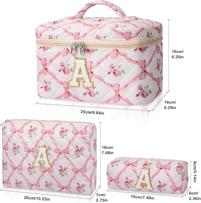 Makeup Bag, Quilted Cosmetic Bag, Large Floral Make Up Bag for Women Girls, Cute Big Cotton Makeup Bag Set, Flower Travel Toiletry Organizer Bag A