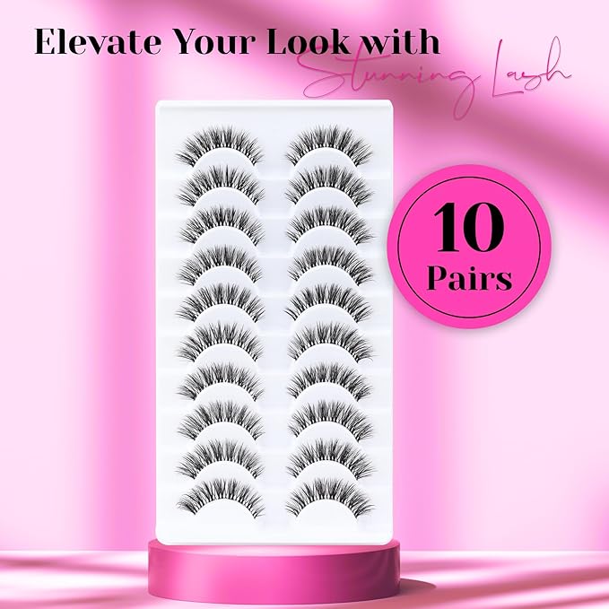 Veleasha Natural Lashes Wispy Eyelashes Soft False Eyelashes with Clear Band Looks Like Lash Extensions CC Curl Strip Lashes 10 Pairs Pack (Soft Whisper)