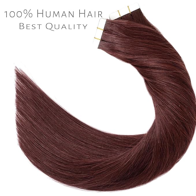 Lacer Tape in Hair Extensions Human Hair Wine Red 16 Inches Burgundy Straight Tape in Real Human Hair Extensions Dlouble Side Weft 20pcs 50 Grams Per Pack