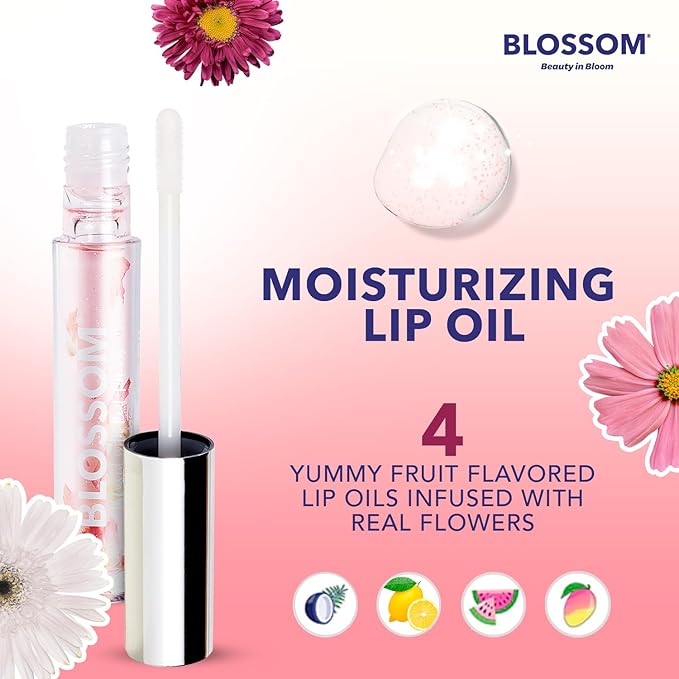 Blossom Lip Oil with Olive Oil + Grape Seed Oil, Moisturizing and Hydrating Shimmer Sparkle, Infused with Real Flowers, 6g, Holiday Stocking Stuffer, 2 pack, Coconut/Watermelon