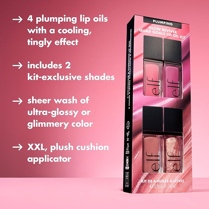 e.l.f. Glow Reviver Plumping Lip Oil Kit, Nourishing Tinted Lip Oils For A High-Shine Finish, Infused With Jojoba Oil, Vegan & Cruelty-Free, 4 Shades