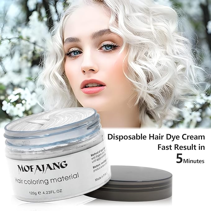 White Hair Color Wax Pomades 4.23 oz - Natural Hair Coloring Wax Material Disposable Hair Styling Clays Ash for Cosplay, Party (White)