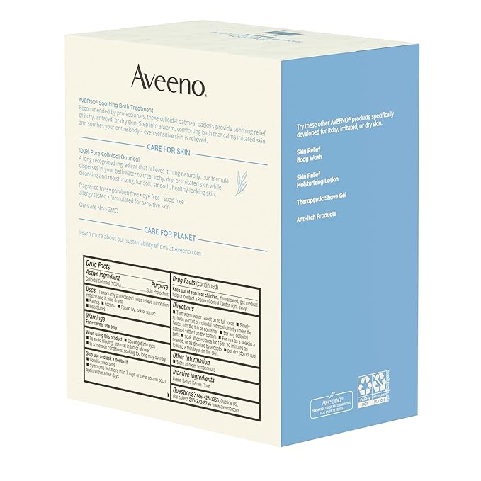 Aveeno Fragrance-Free Soothing Bath Treatment & Soak for Soothing Relief, 100% Natural Colloidal Oatmeal, Relieves Itchy, Irritated Skin Due to Eczema, 8 Single-Use Bath Packets