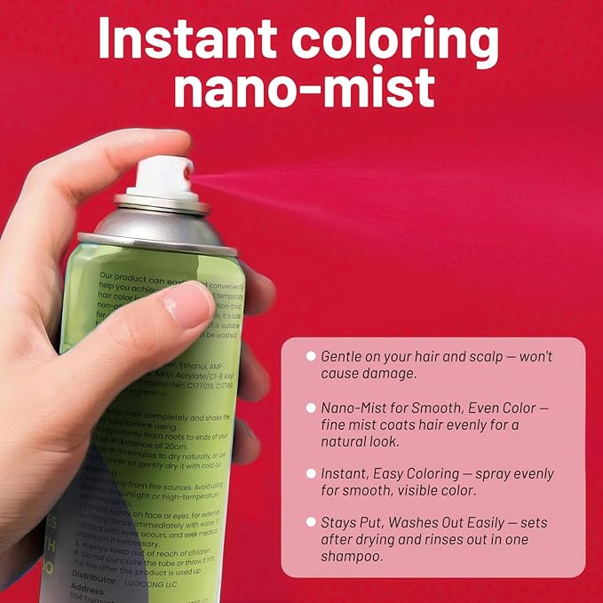 Red Hair Spray, Temporary Hair Color Spray for Women Men– Safe Non Sticky Washable One Day Hair Dye Spray, Disposable Accessories Included, for Halloween Cosplay Party DIY Costume Pet Fun