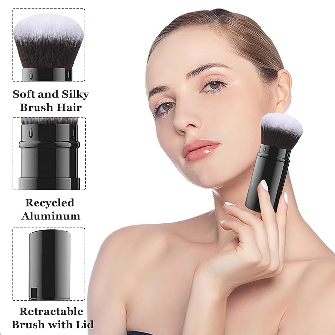 Falliny Retractable Kabuki Makeup Brush, Travel Face Blush Brush, Portable Powder Foundation Sunscreen Brush with Cover for Blush, Bronzer, Buffing, Highlighter Flawless Powder Cosmetics