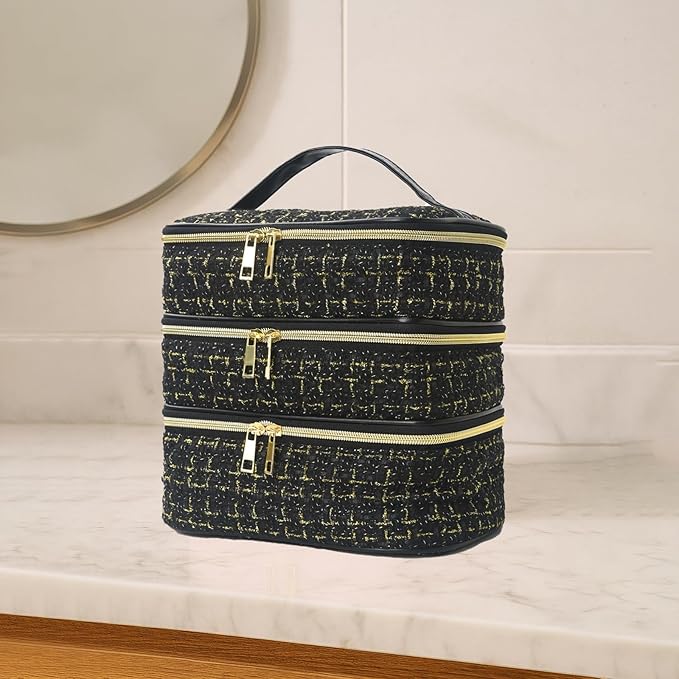 Travel Makeup Bag for Women Three Layer Large Cosmetic Case Water-resistant Toiletry Bag Organizer for Store Toiletries Cosmetic Accessories and Manicure Sets Gold Black
