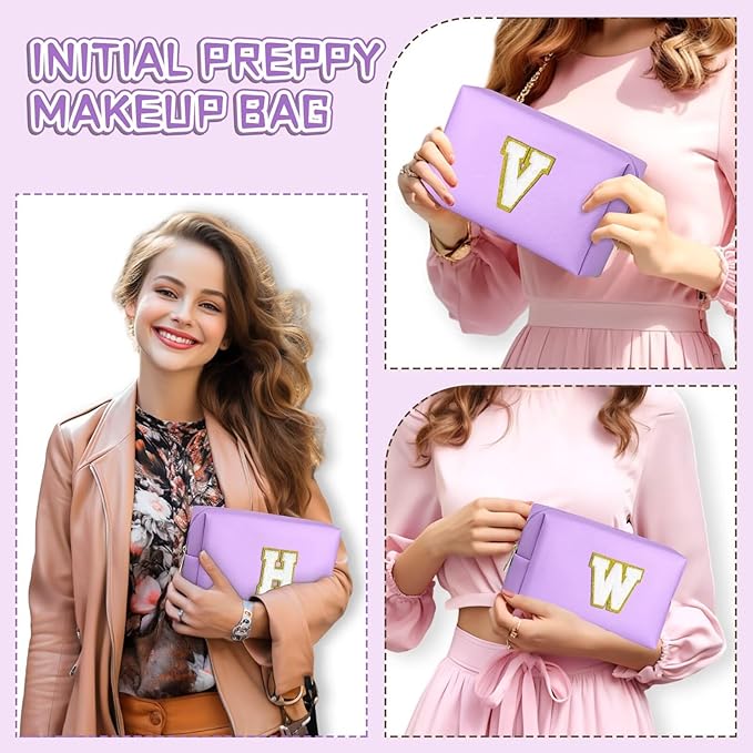 TOPEAST Initial Makeup Bags for Women, Personalized Portable Cosmetic Bag for Travel, Cute Makeup Pouch, PU Leather Waterproof Toiletry Bag, Preppy Things for Girl (Purple V)