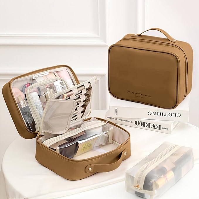 Travel Makeup Bag Large Capacity Cosmetic Organizer Waterproof Leather Toiletry Bag with Brush Holder and Handle Portable Cosmetic Storage Bag for Women Girls Gift - Brown