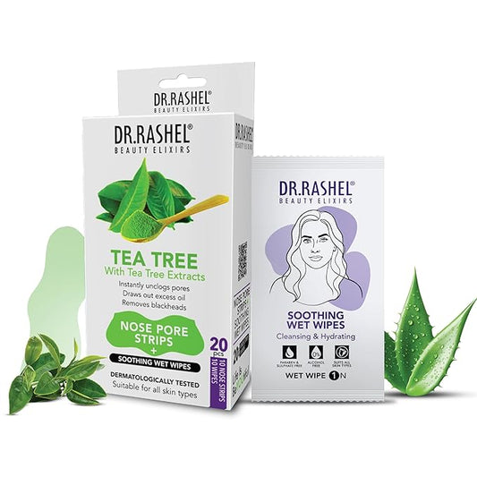 DR.RASHEL Tea Tree Nose Pore Strips For Pore Cleansing, Instant And Painless Blackheads Removal | Deep Purifying Blackhead Remover Strips for Nose | 20 PCS (10 Strips & 10 Wipes)