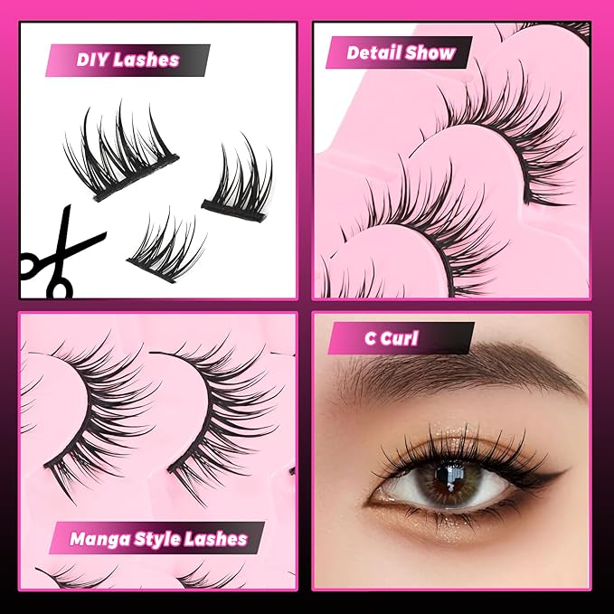 Veleasha Lashes Kit Manga Eyelashes DIY Lash Spiky Lash Clusters with Eyelash Glue & Tweezers Natural Look Eyelashes with Multiple Wear Ways Soft Cotton Band Lashes Wispy 7 Pairs Pack (Sugar Kit)