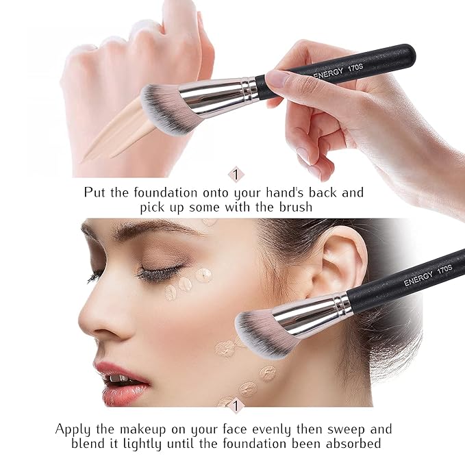 ENERGY Angled Foundation Brush – Flawless Blending Contour Brush for Liquid, Cream & Powder – Dense Soft Bristles, Professional Makeup Brush for Face Sculpting & Highlighting 170S