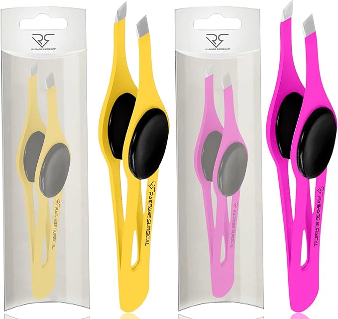Professional Eyebrow Tweezers Slanted Tip Stainless Steel 2,3xPcs Set, Non-Slip Grip Slant Tip Tweezers for Facial Hair, Plucking Removing Ingrown Hairs, Tweezer for Women Men (Yellow&Pink)