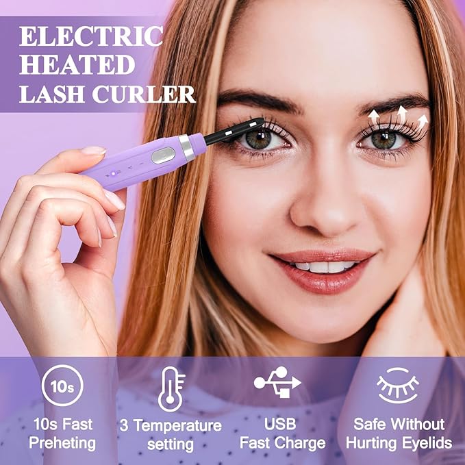 Heated Eyelash Curler with Comb, USB Rechargeable, 3 Temperature Settings, Quick‑Heat Electric Lash Wand for Long‑Lasting Curl, Travel‑Friendly, Purple