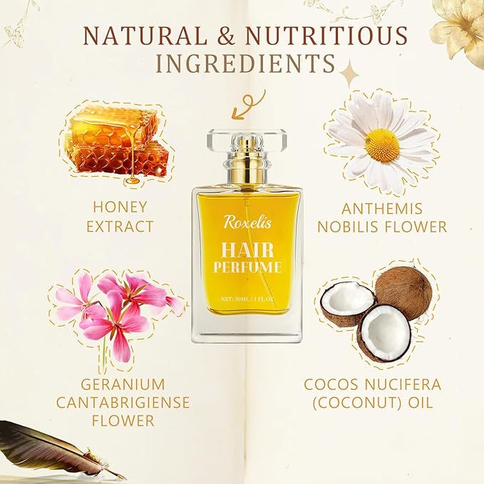 Hair Perfume Oil for Women, Long-Lasting Pheromone Perfume with Natural Herbal Extracts, Honey Infused Coconut Chamomile Nourish & Hydrate Portable Mist, 1 fl.oz