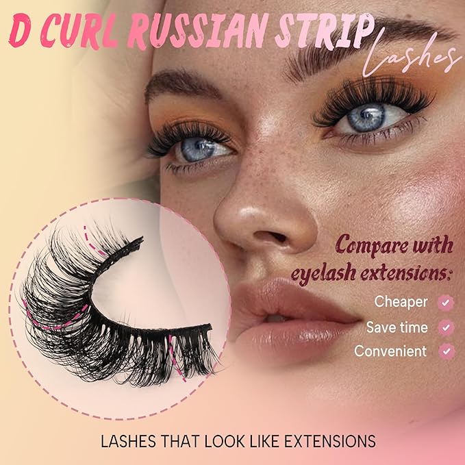 Ahrikiss Russian Strip Lashes D Curl Fluffy False Eyelashes Natural Wispy Faux Mink Lashes Look Like Extensions 10 Pairs Pack Fluffy 3D Volume Fake Eyelashes (D03)