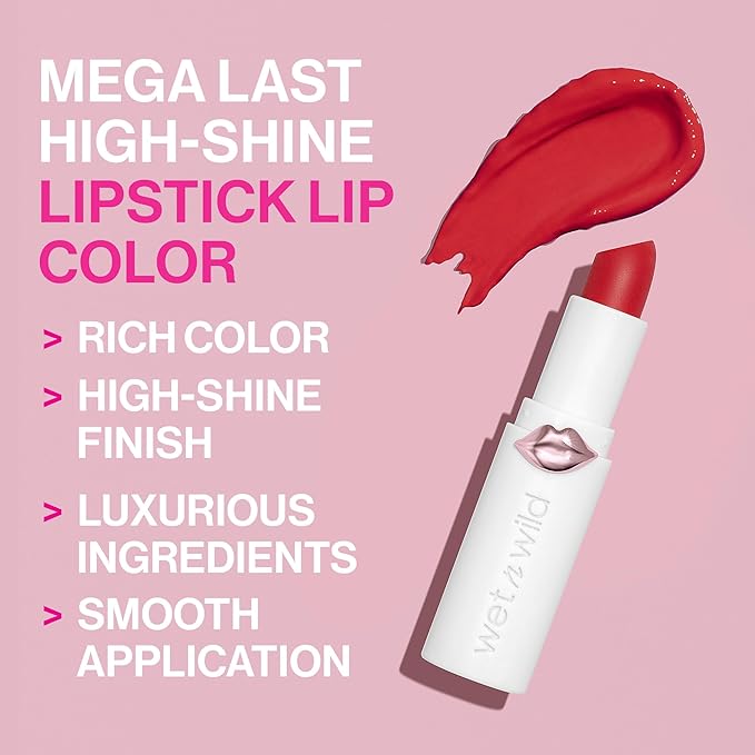 wet n wild Mega Last High-Shine Lipstick Lip Color, Infused with Seed Oils For a Nourishing High-Shine, Buildable & Blendable Creamy Color, Cruelty-Free & Vegan - Raining Rubies