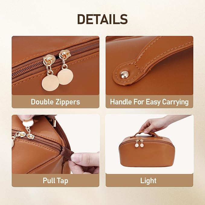 Large Capacity Cosmetic Bag for Women, Waterproof PU Leather Makeup Bag for Travel,Toiletry Bag Make up Organizer with Divider and Handle (Brown)