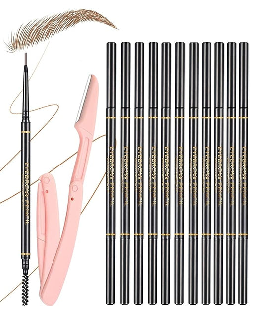 Medium Brown Eyebrow Pencils for Women, 12Pcs Ultra Slim Eyebrow Pencil with 2 Brow Razors Kit, Double Head 1.5mm Micro-Fine Tip & Spiral Brush, Can Draw Fine and Long-Lasting Brows Makeup