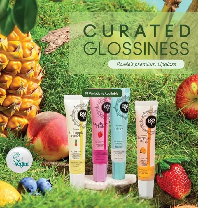 Rosee Lip Gloss Vegan & Cruelty Free Treatment, Professional Make up, Long Lasting Glossy with Shea Butter, Moisturize, Protect & Smooth, High Shine, Non-Sticky (q.Champagne Mango, 0.5)