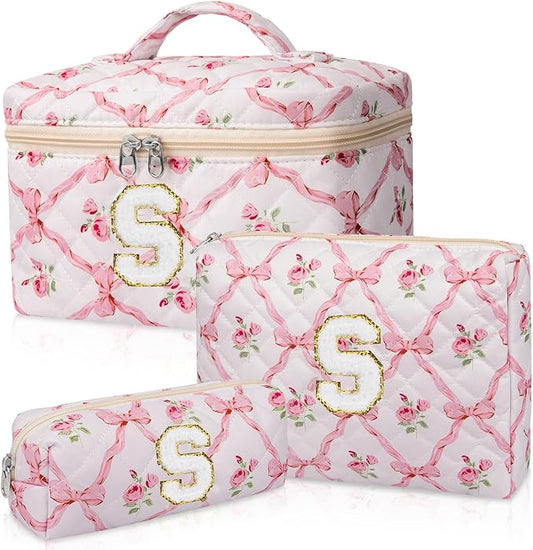 Personalized Initial Makeup Bag Set, Quilted Makeup Bag, Large Floral Cosmetic Bag for Women, Cute Cotton Custom Make up Bags, Flower Travel Toiletry Bag Teen Girl Gift Trendy Stuff Gift S