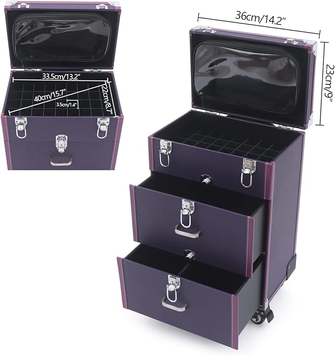 Makeup Train Case, Rolling Makeup Trolley Case, 3 Tiers Lockable Nail Polish Organizer with 2 Keys 4 Wheels (2 with Brakes) for Travel Makeup Artists Nail Technicians (Purple Case, Silver Lock)