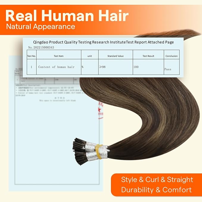 Full Shine I Tip Hair Extensions Human Hair Color 2/8/2 Balayage Brown 22 Inch Itip Human Hair Extensions 50 Grams Pre Bonded Extensions Remy Hair for Wedding