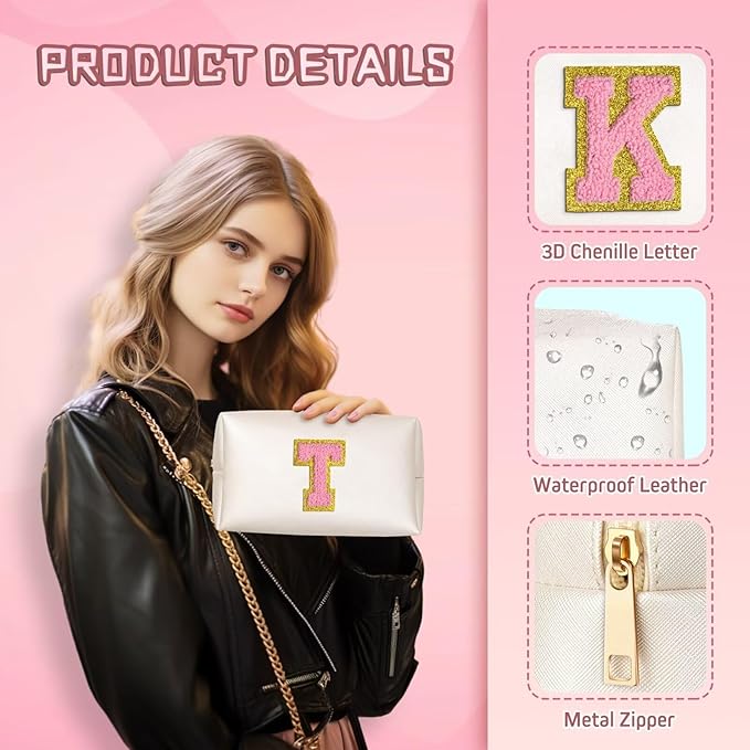 TOPEAST Preppy Makeup Bag, Small Cosmetic Travel Bags for Women, PU Leather Waterproof Toiletry Bag with Zipper, Personalized Birthday Gift for Women Girl, Preppy Gifts for Girl (Pearly White Z)