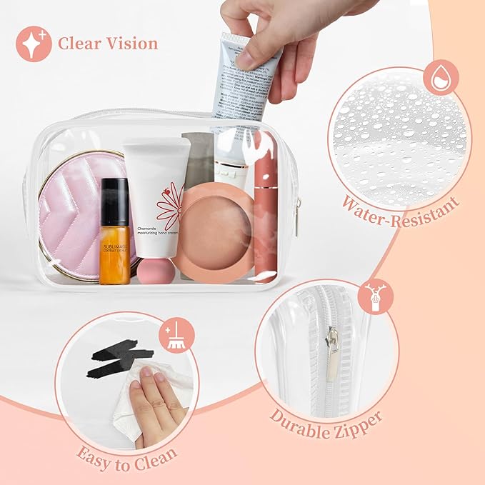 TISRATOK 12 PCS Clear Makeup Bag for Women with Zipper, TSA Approved Toiletry Pouch, Cosmetic Bag Bulk for Travel Organizer Essentials - White,Small