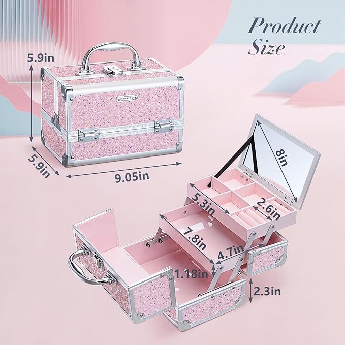 FRENESSA Makeup Case Organizer Portable Makeup Train Case Cosmetic Box with Mirror Jewerly Tray for Girls Nail Supplies Make Up Cases Organizers and Storage Kids Craft Case Pink