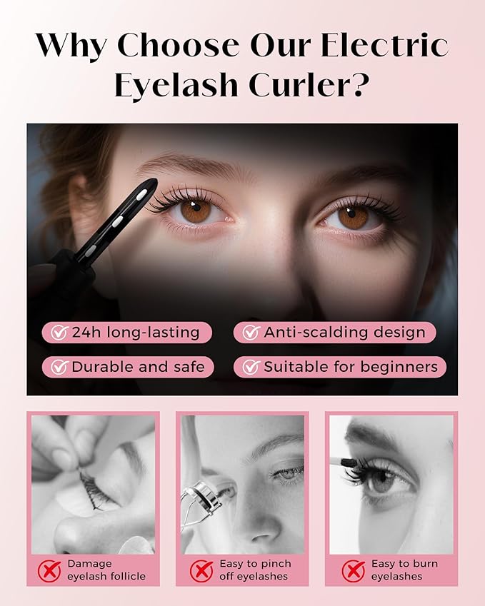 Heated Eyelash Curler for Women, 10s Fast Heating, 3 Heat Settings (113°F-185°F), Rechargeable Electric LASH-Lift Heated Lash Curler, Travel-Friendly Makeup Tool Gift