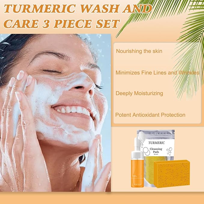 Turmeric Wash and Care Three Piece Set, Turmeric Trio: Facial Wash, Cleansing Mousse & Soap for Skin Care, Turmeric Cleansing Exfoliating Pads, TurmericFace Wash for Face & Body (1Set)