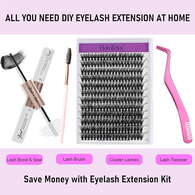 Lash Extension Kit DIY 240pcs Lash Clusters Eyelash Extension Kit, 14-18mm 50D Individual Lashes Kit with Lash Bond and Seal, Lash Tweezers for Self Use (50D, 0.07D, 14-18mm, Kit)
